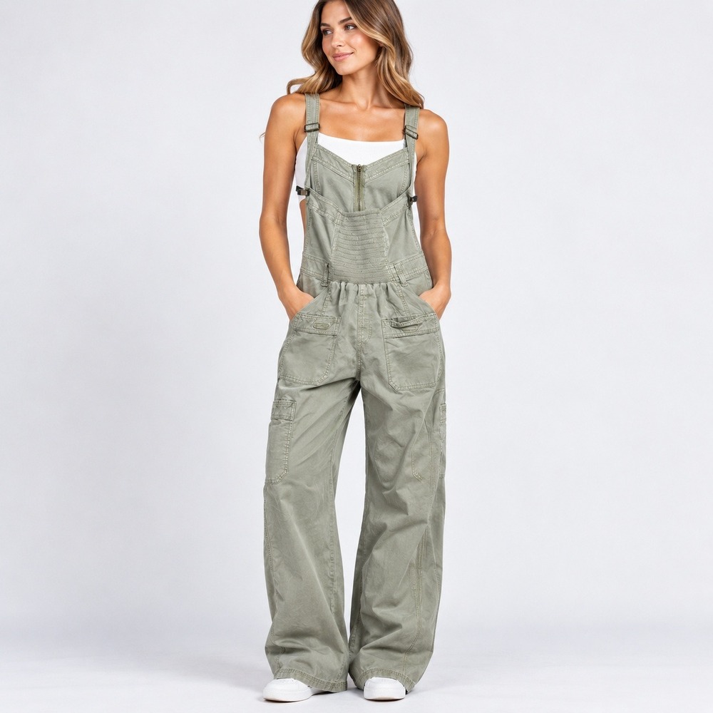 American Eagle Sage Green Cargo Jumpsuit Zip Front Utility Wide Leg Sleeveless M